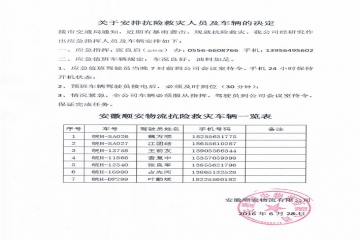 关于安排抗险救灾人员及车辆的决定